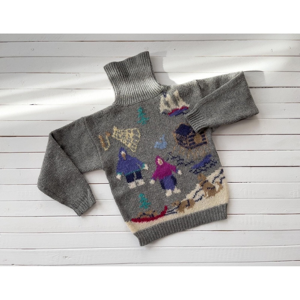SKYR vtg Eskimo‎ indigenous people dog sled gray wool mohair turtleneck sweater